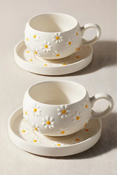 El Yapımı Papatya Desenli, 4 Parça 2 Kişilik Çay Fincanı Takımı 
