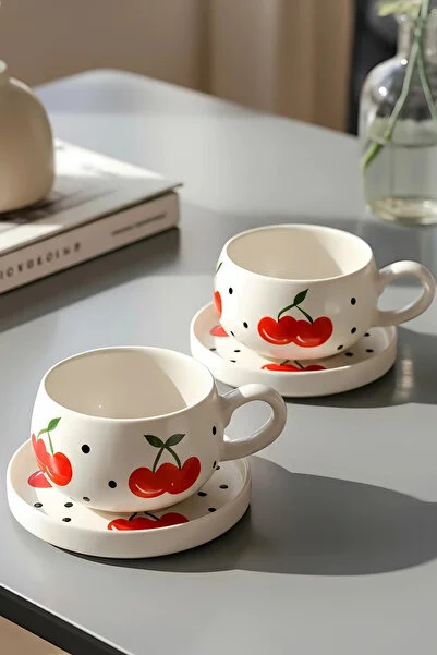 El Yapımı Kiraz Desenli, 4 Parça 2 Kişilik Çay & Kahve Fincan Takımı - 220 ml