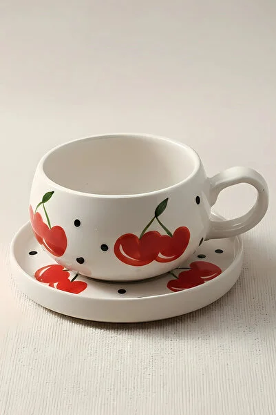 El Yapımı Kiraz Desenli, 4 Parça 2 Kişilik Çay & Kahve Fincan Takımı - 220 ml - Görsel 2