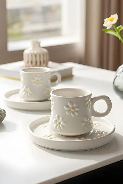  El Yapımı Papatya Desenli, 4 Parça 2 Kişilik Kahve Fincanı Takımı - 90 ml