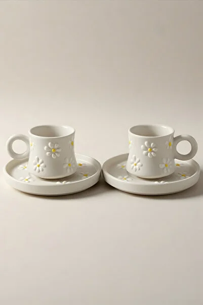  El Yapımı Papatya Desenli, 4 Parça 2 Kişilik Kahve Fincanı Takımı - 90 ml - Görsel 2