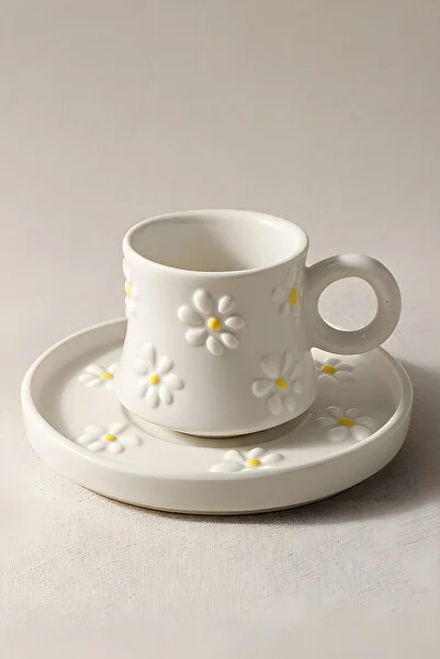  El Yapımı Papatya Desenli, 4 Parça 2 Kişilik Kahve Fincanı Takımı - 90 ml - Görsel 4