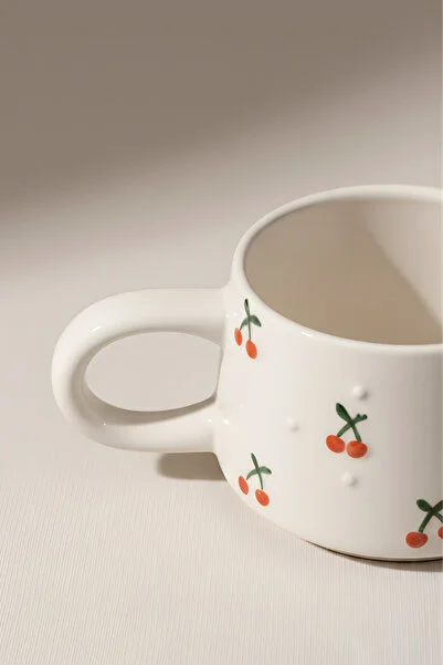 El Yapımı Kiraz Desenli Seramik Kahve Ve Çay Kupa  - Görsel 3