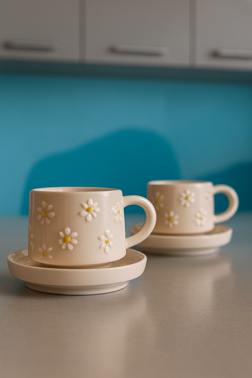 2 Kişilik Tabaklı El İşi Seramik Çayır Papatya Desenli Kupa Bardak (Mug Seti)