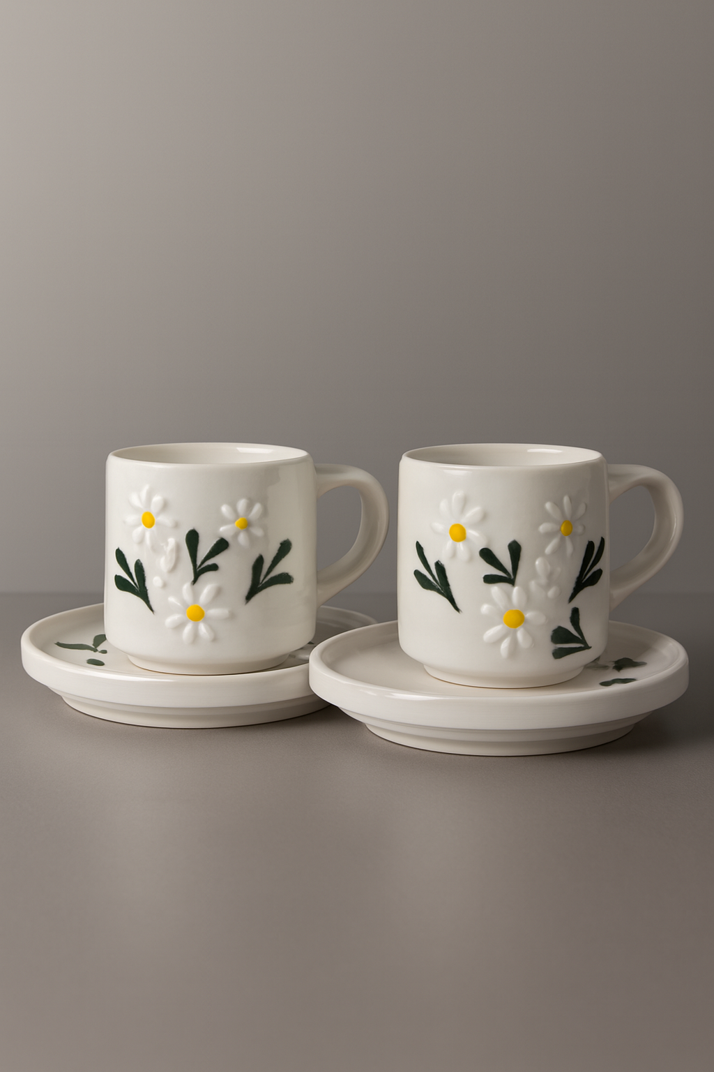 El Yapımı Papatya Desenli 2 Kişilik Seramik Kahve Fincanı Takımı (4 Parça – 90 ml)