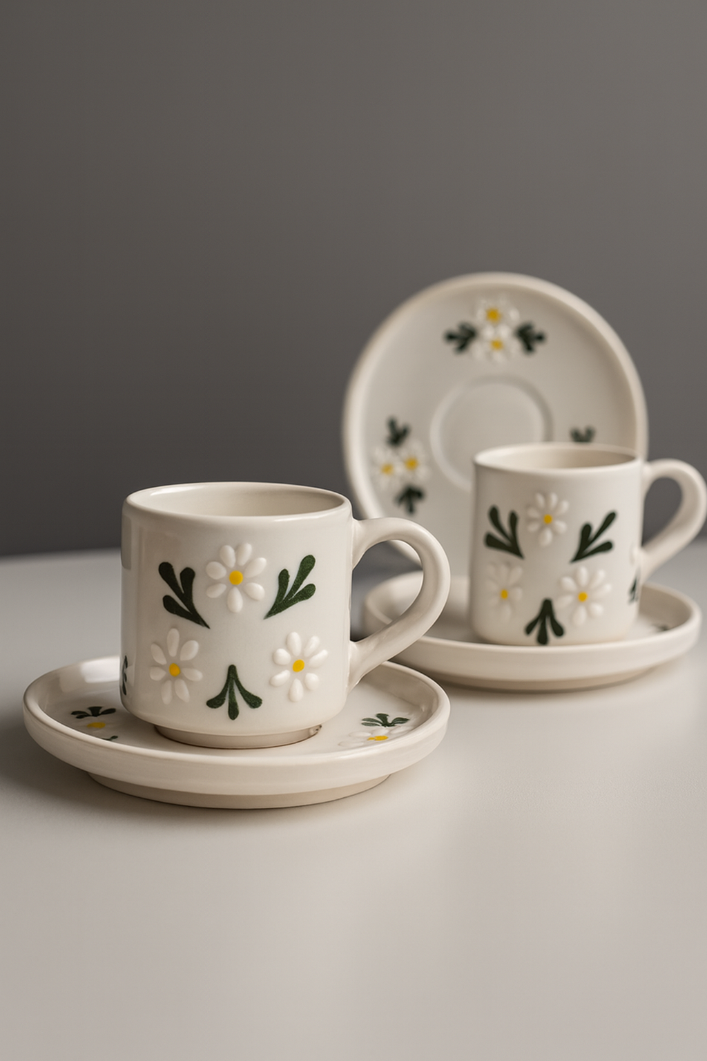 El Yapımı Papatya Desenli 2 Kişilik Seramik Kahve Fincanı Takımı (4 Parça – 90 ml) - Görsel 2