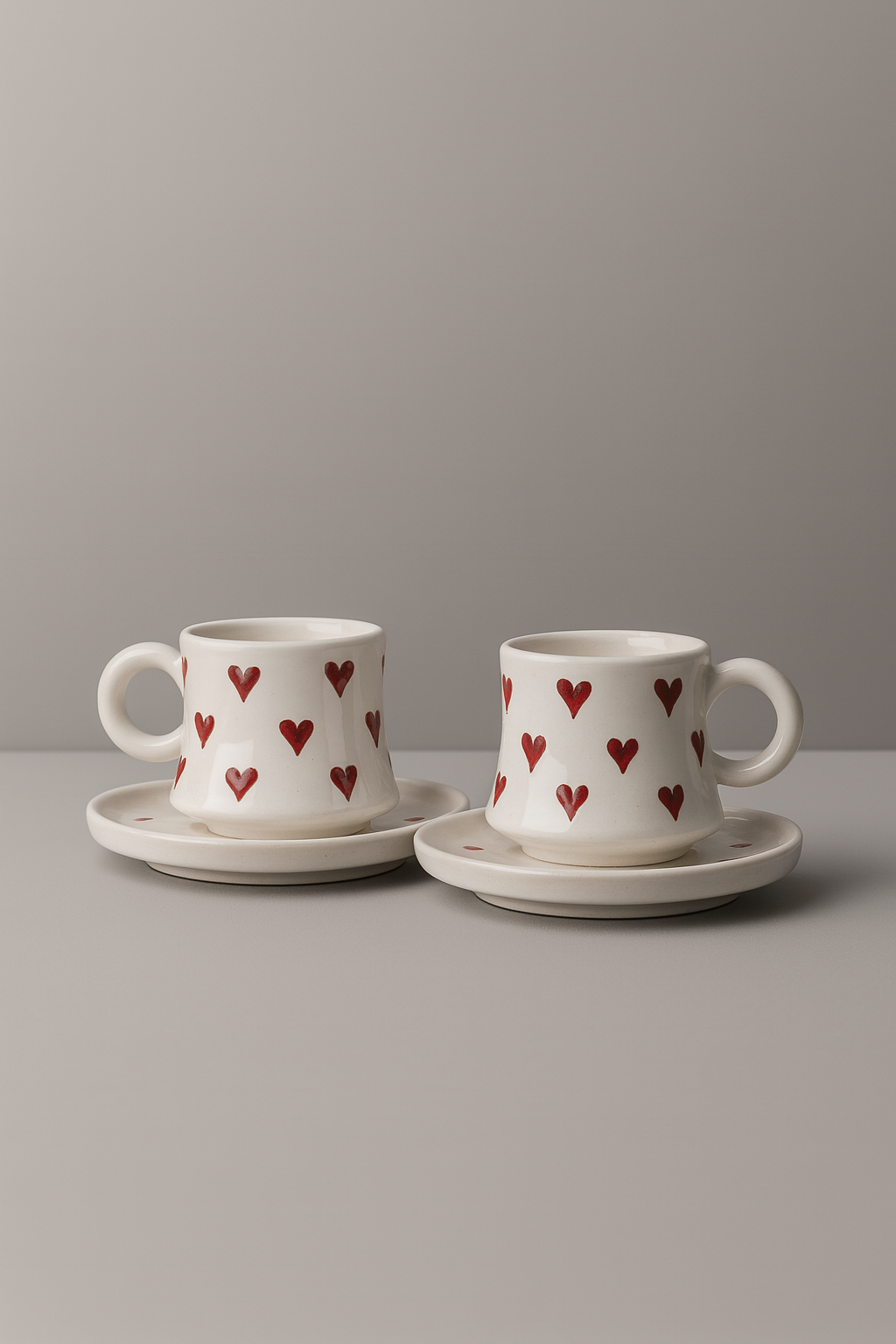 Kırmızı Kalp Desenli 2 Kişilik Seramik Türk Kahvesi Fincanı Takımı