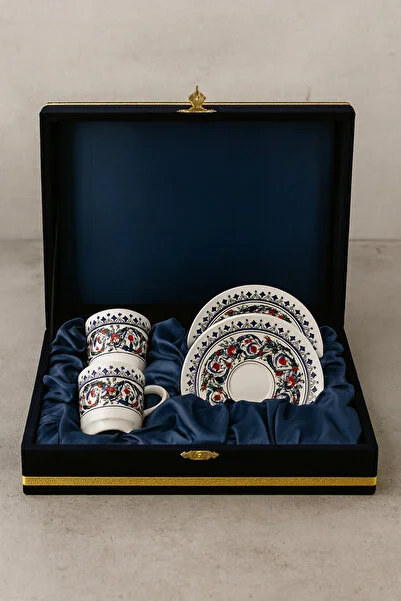 Kadife Kutulu 2’li Topkapı Porselen Fincan Takımı Lacivert Osmanlı Motifli Özel Seri