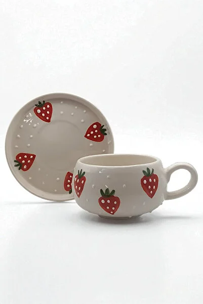 Flora El Yapımı Çilek Desenli 2 Kişilik Seramik Çay Fincanı Takımı (4 Parça – 220 ml) - Görsel 2