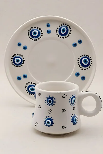 El Yapımı Nazar Boncuğu Desenli 2 Kişilik Türk Kahvesi Fincanı Takımı – 90 ml | 4 Parça Seramik Set - Görsel 2