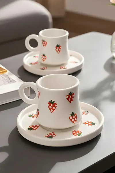 El Yapımı Çilek Desenli Seramik Türk Kahvesi Fincanı Takımı | 2 Kişilik, 4 Parça, 90 ml - Görsel 3