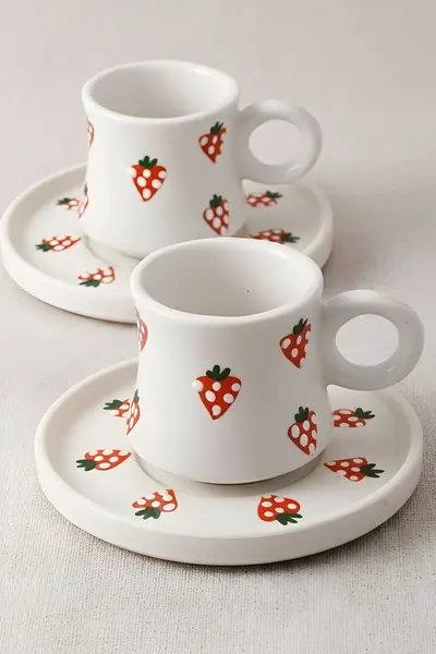 El Yapımı Çilek Desenli Seramik Türk Kahvesi Fincanı Takımı | 2 Kişilik, 4 Parça, 90 ml - Görsel 4