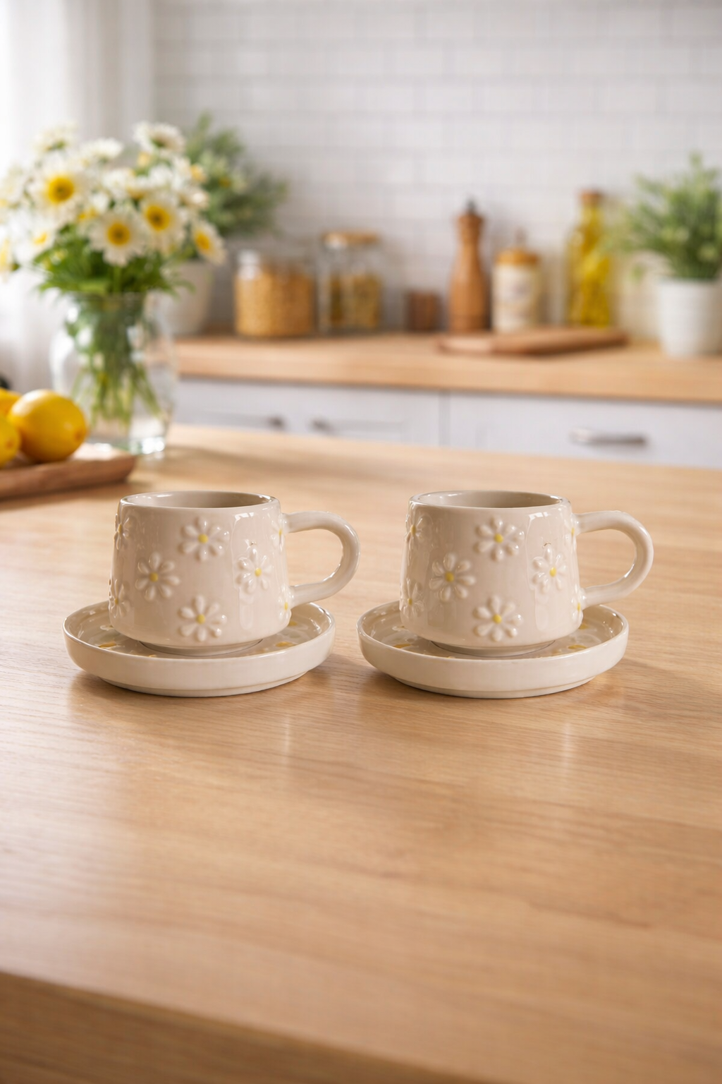 El İşi Seramikten Çayır Papatyası Motifli Tabaklı 2 Kişilik Kupa Seti - Görsel 2