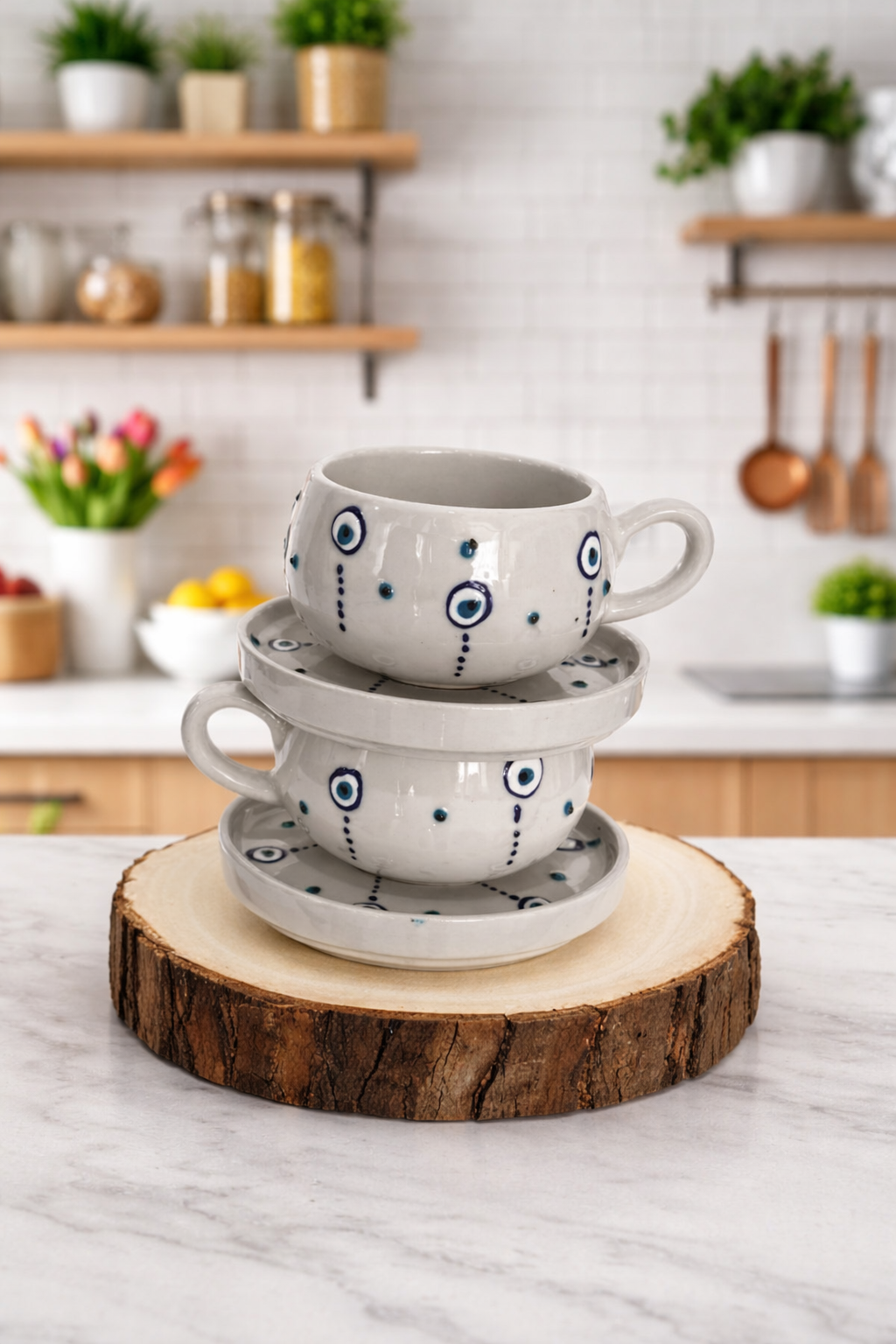 Damla Nazar Motifli Beren Seramik Tabaklı Kupa – Kahve & Bitki Çayı İçin