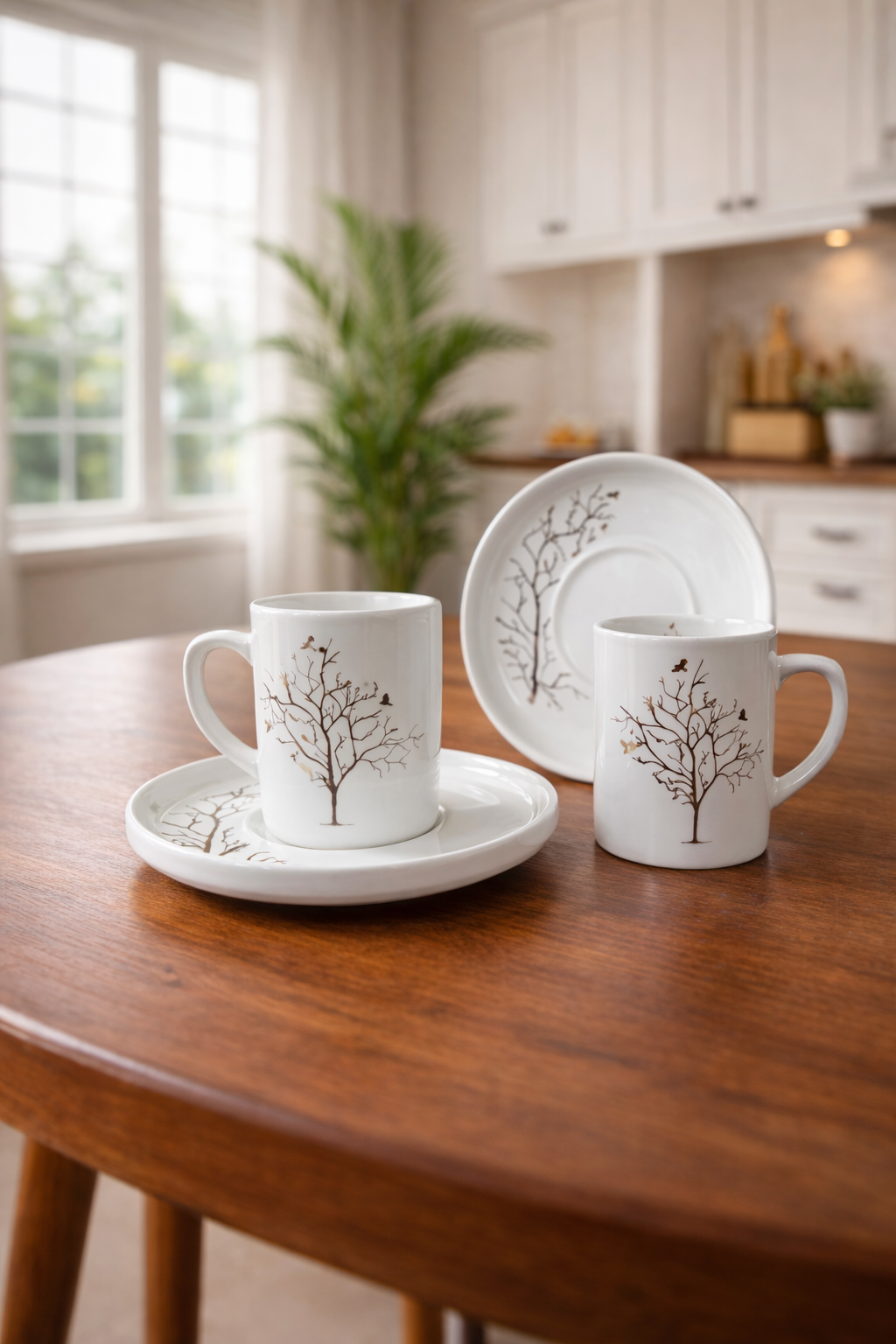 Altın Yaldızlı Hayat Ağacı Desenli Porselen 2’li Türk Kahvesi Fincan Takımı