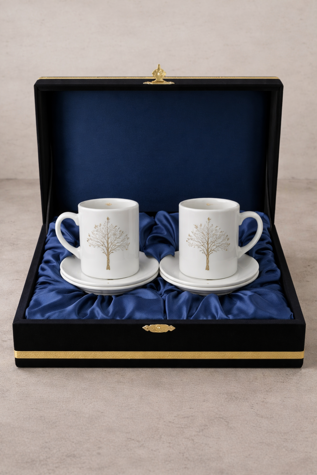Kadife Kutulu Altın Yaldız Hayat Ağacı Desenli Porselen 2’li Türk Kahvesi Fincan Takımı - Görsel 2