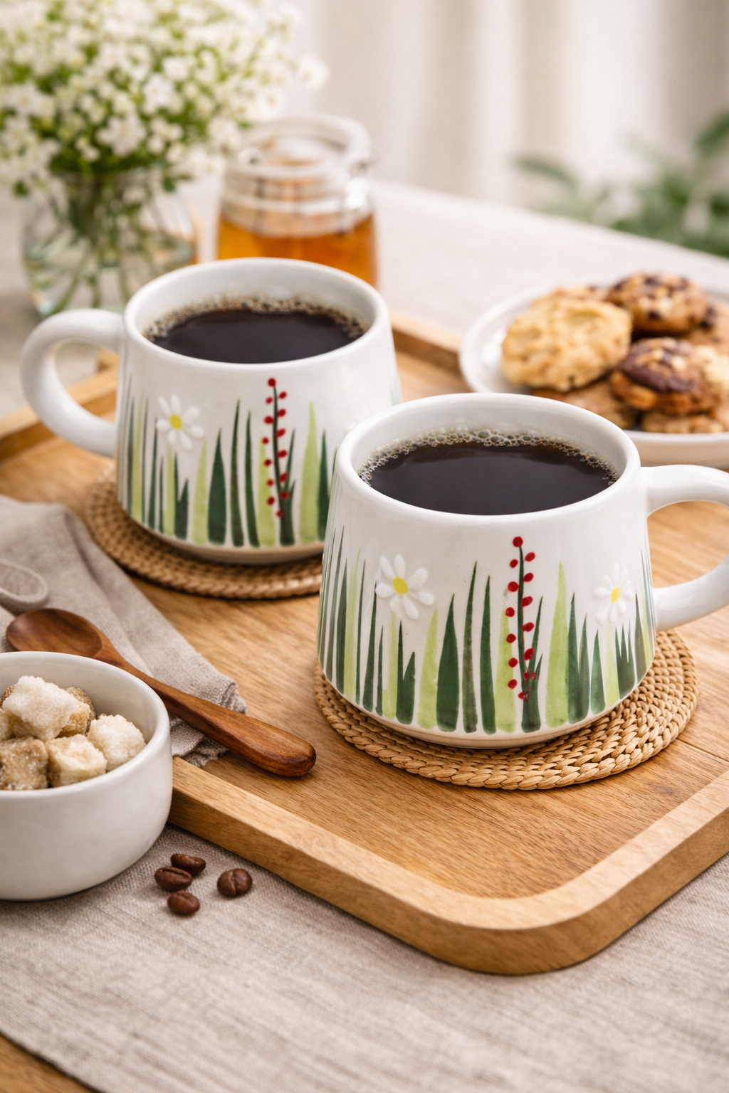 Beyaz Papatya Desenli Porselen 2’li Mug Kupa – Kahve ve Nescafe Fincanı