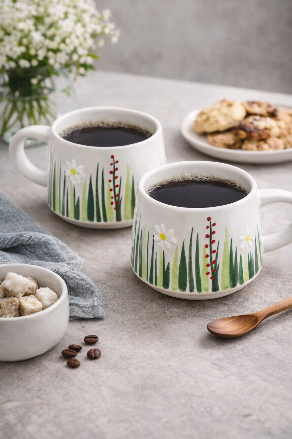 Beyaz Papatya Desenli Porselen 2’li Mug Kupa – Kahve ve Nescafe Fincanı - Görsel 2