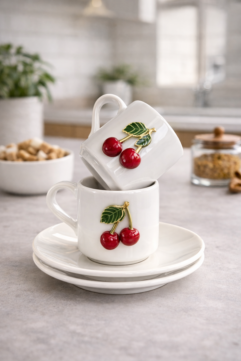 2 Kişilik Porselen Metalli Kiraz Desenli Türk Kahvesi Fincanı Takımı