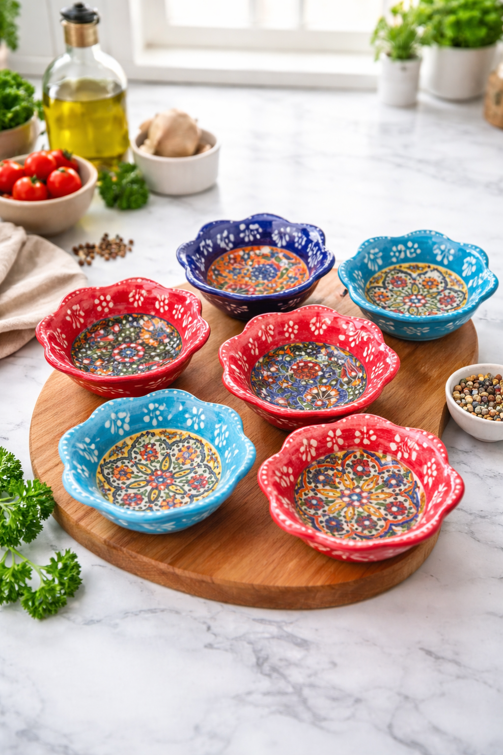 El Yapımı Çini Seramik Kase Seti 6’lı – Çerezlik, Sosluk ve Sunumluk Kullanım