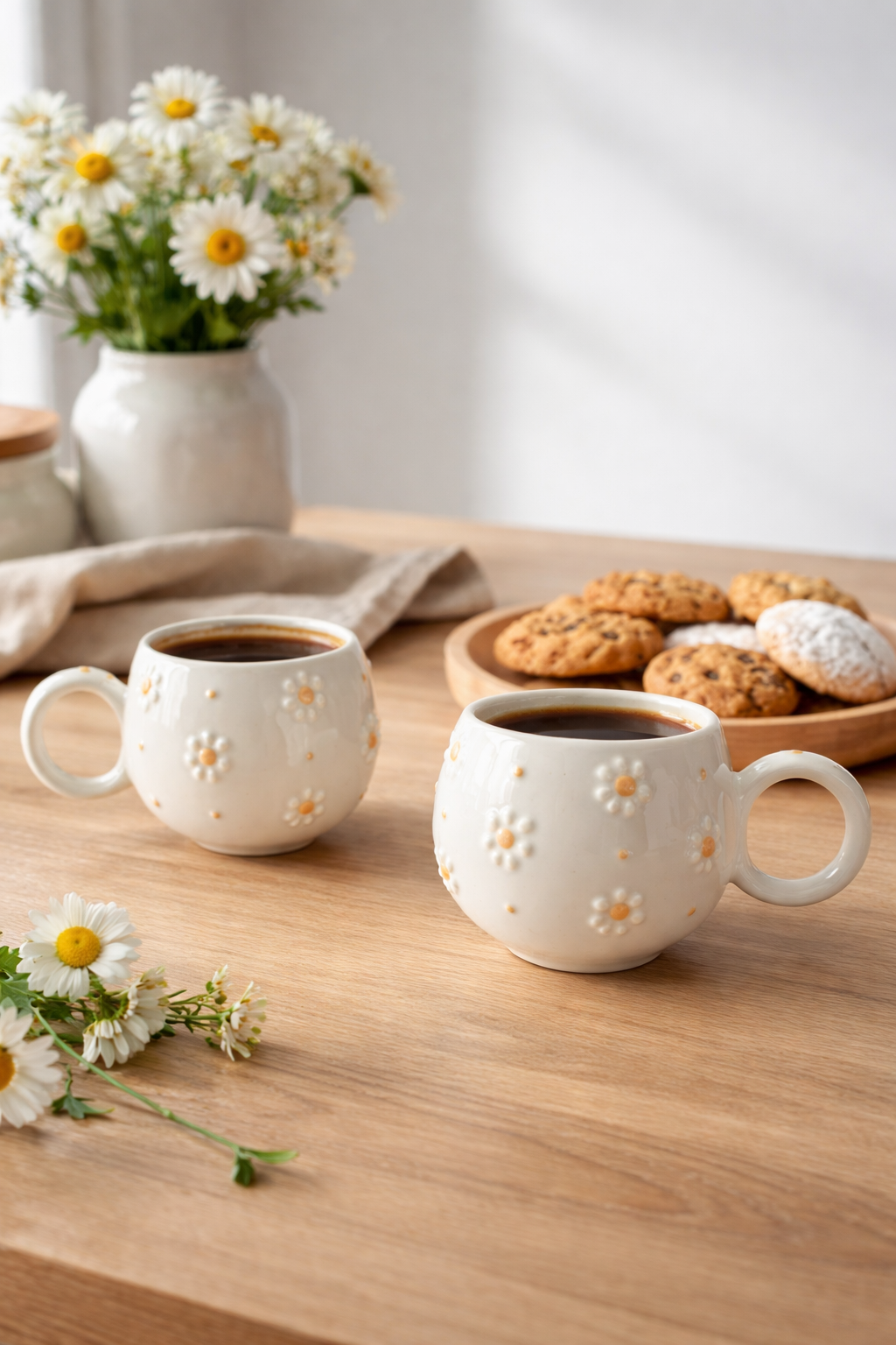 El Yapımı Papatya Desenli Kabartmalı 2’li Kupa Seti – Estetik Seramik Kahve Kupası Takımı - Görsel 3