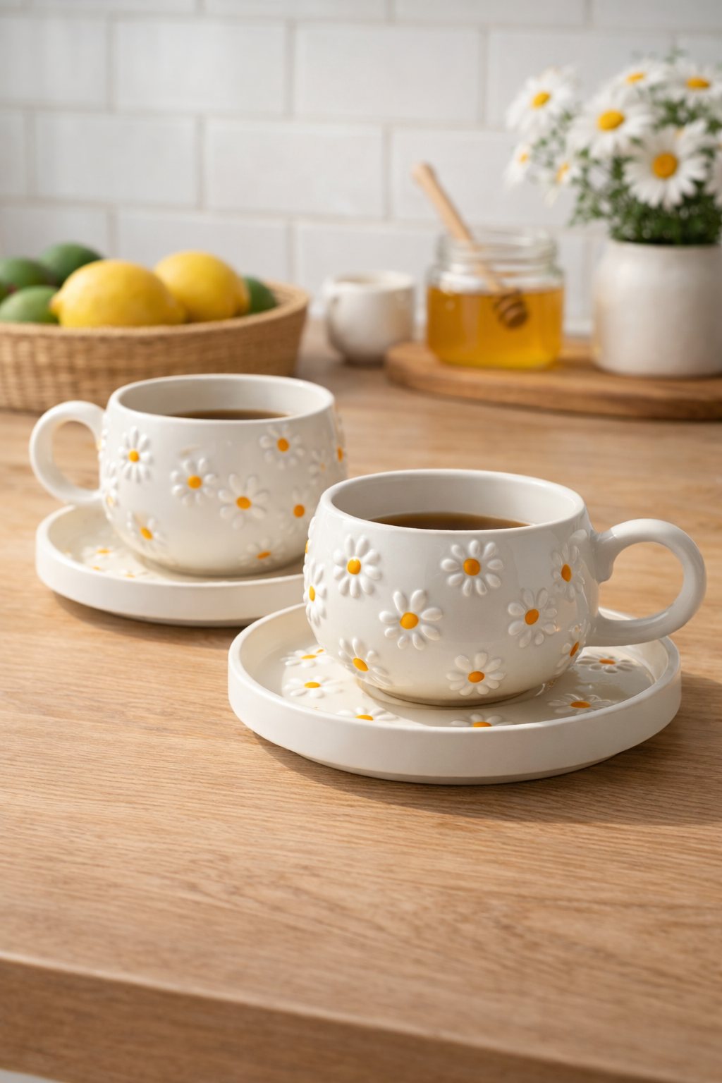 2’li El Yapımı Papatya Kabartmalı Seramik Kupa Seti – Dekoratif Çay ve Kahve Fincanı