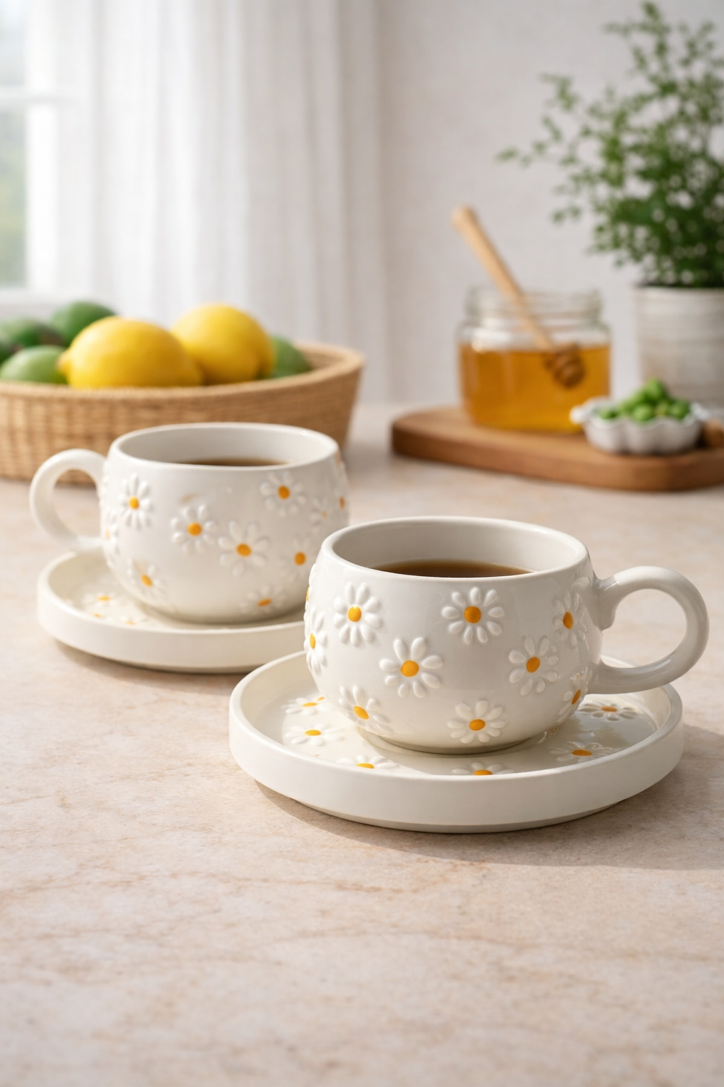 2’li El Yapımı Papatya Kabartmalı Seramik Kupa Seti – Dekoratif Çay ve Kahve Fincanı - Görsel 2