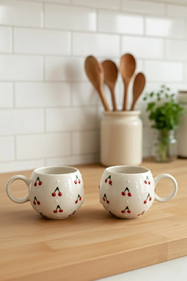 2’li Kiraz Desenli El Yapımı Seramik Mug – Dekoratif Kahve & Çay Kupası - Görsel 5