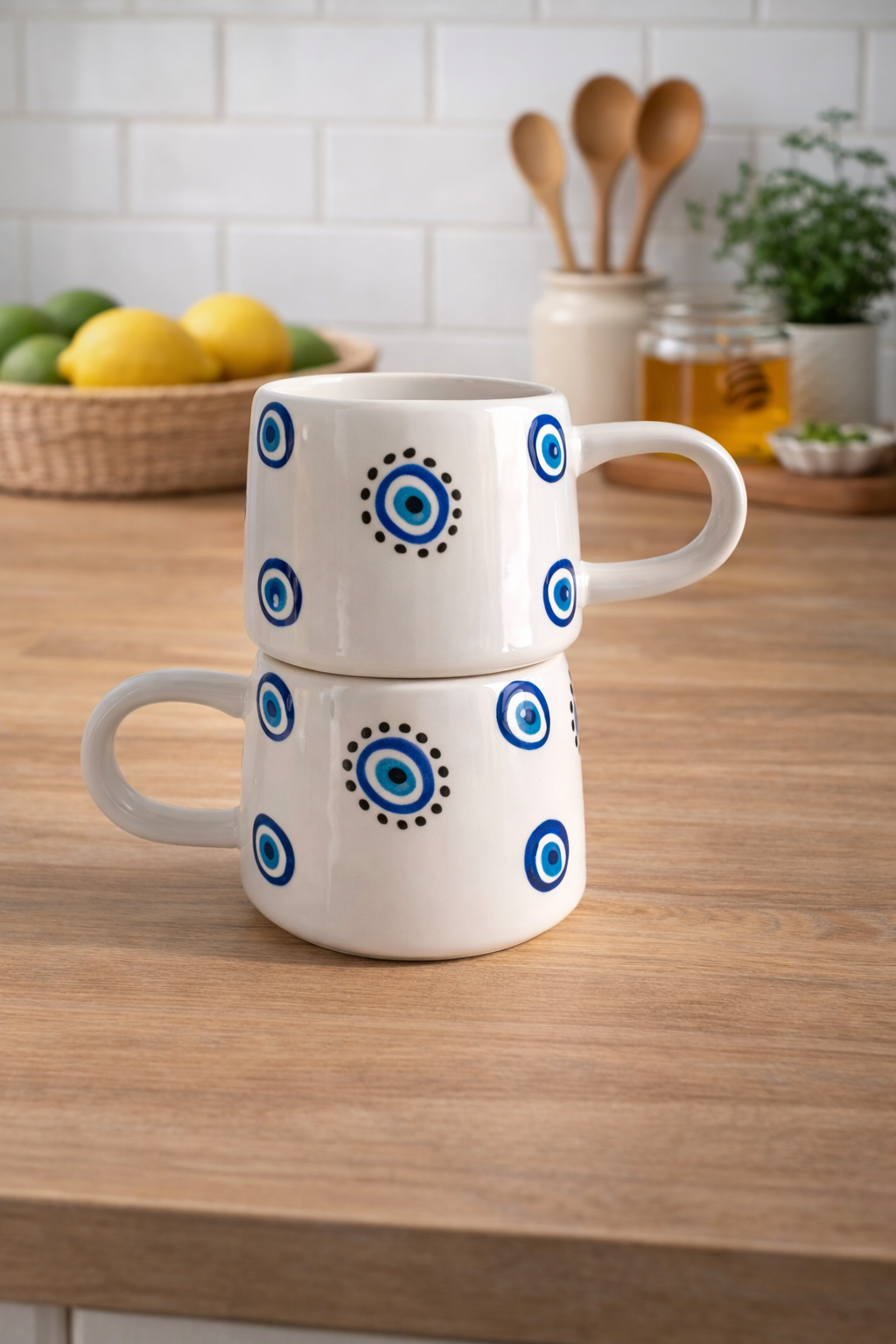 Nazar Boncuğu Motifli El Yapımı Seramik Kahve Kupası – Dekoratif Hediyelik