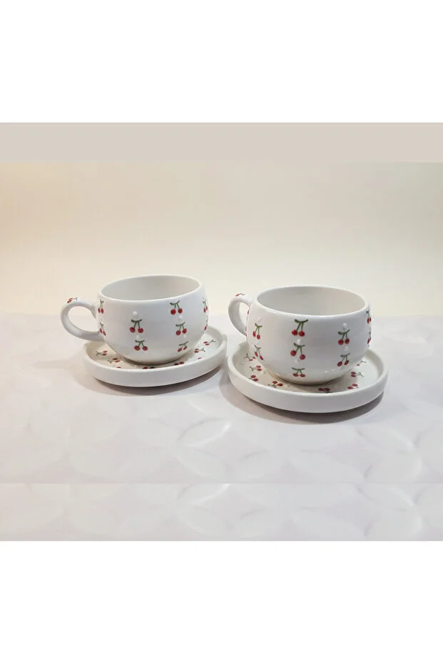 Kiraz Desenli 2’li El Yapımı Seramik Kupa Seti – Kahve, Espresso & Çay Kupası - Görsel 3